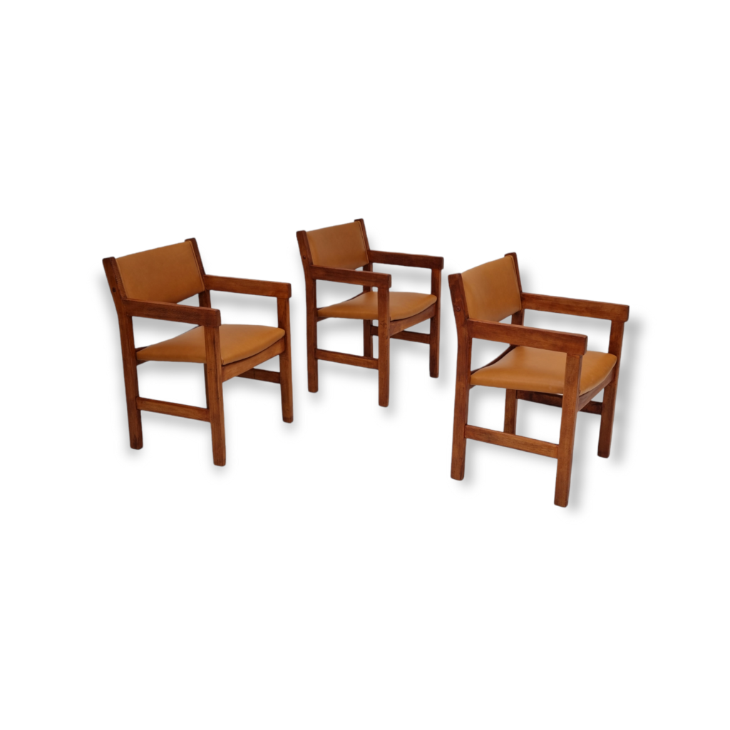 60s, H.J.Wegner, set of 3 armchairs, refurbished, leather, beech wood