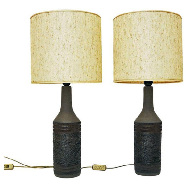Brown Ceramic handmade table lamp pair by Nila Keramik, Sweden 1970s