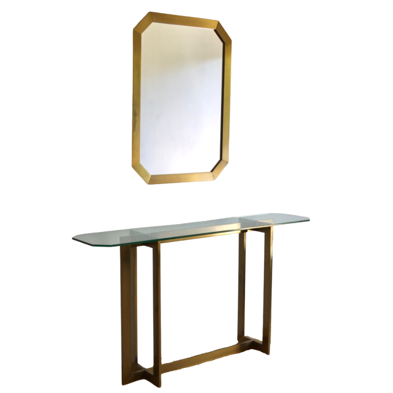 Modernist Brass and Glass Console Table & Mirror. 1970s