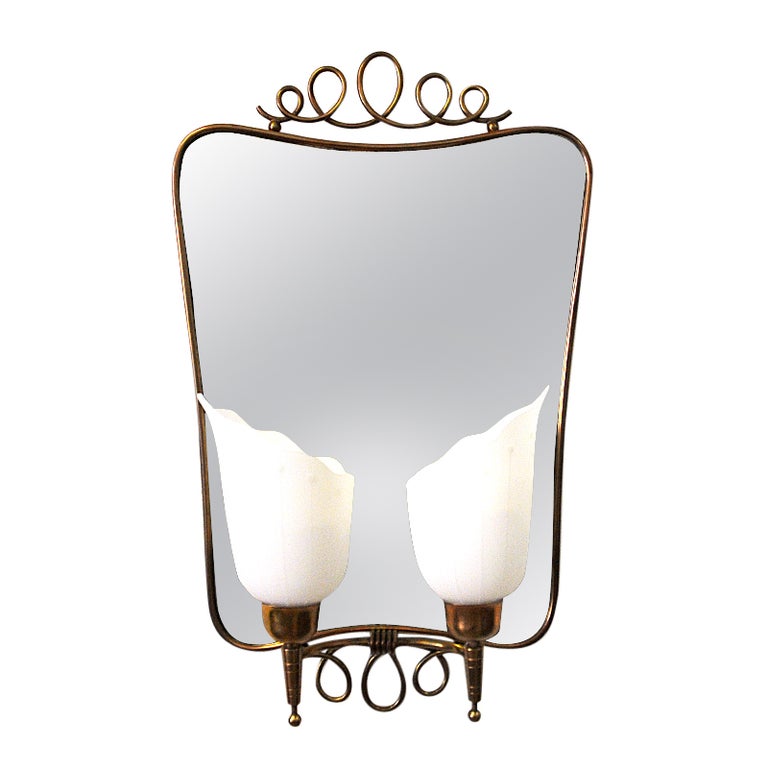 Lovely Italian brass wall mirror with flower lights from the 1950s