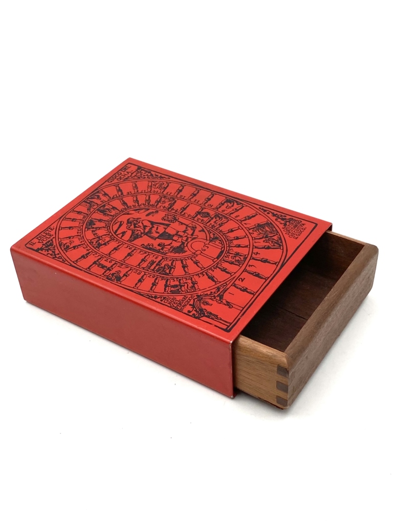Mid-century red Mahogany Cigars Box “Game of the Goose”, Italy ca. 1950