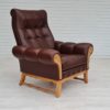 70s, vintage Danish highback armchair, leather, oak wood