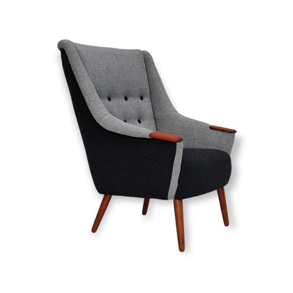 1970s, Danish design armchair, restored, furniture wool, teak wood