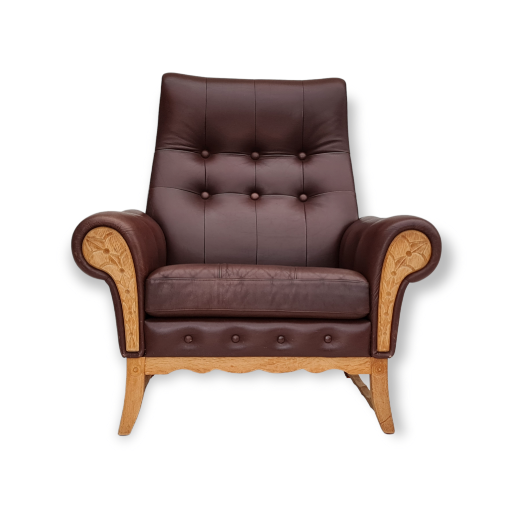 70s, vintage Danish highback armchair, leather, oak wood
