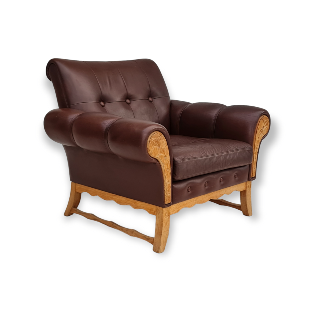 70s, vintage Danish armchair, leather, oak wood