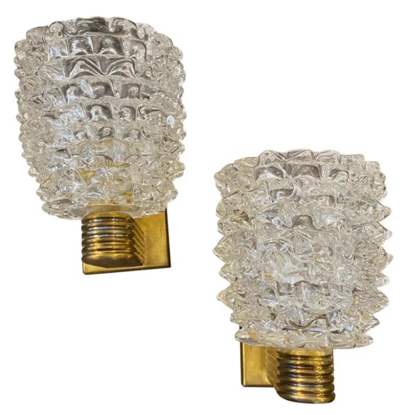 1980s Barovier Style Mid-Century Modern Brass and Rostrato Glass Wall Sconces