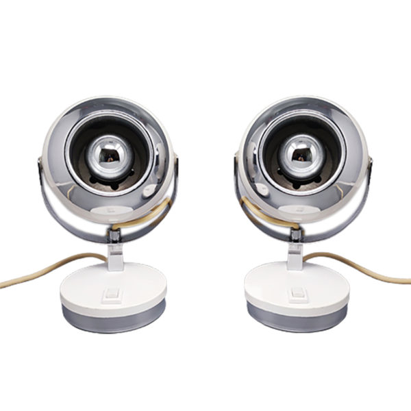 1970s Gorgeous Pair of White Eyeball Table Lamps by Veneta Lumi. Made in Italy