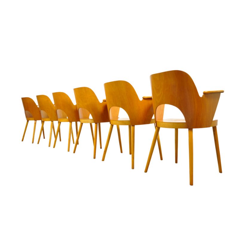Rare set of beech dining chairs by Oswald Haerdtl (1899-1859) and produced by Ton (Thonet) in former Czech Republic, 1950s