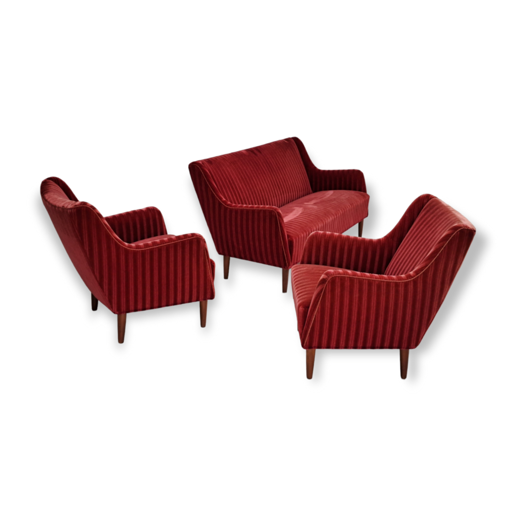 60s, Danish design, sofa set, 2 armchairs, sofa, velour, original very good condition.