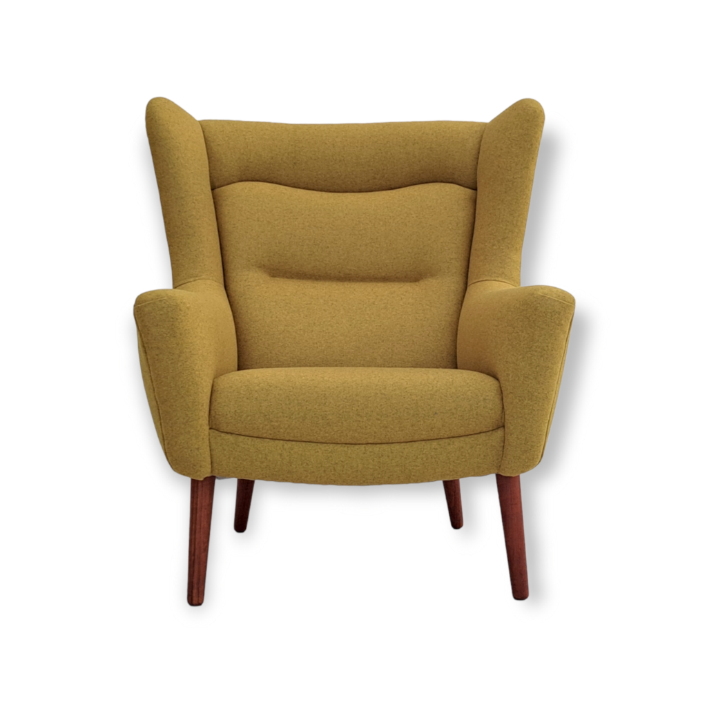 70s, Scandinavian design, high-back armchair, furniture wool, teak wood