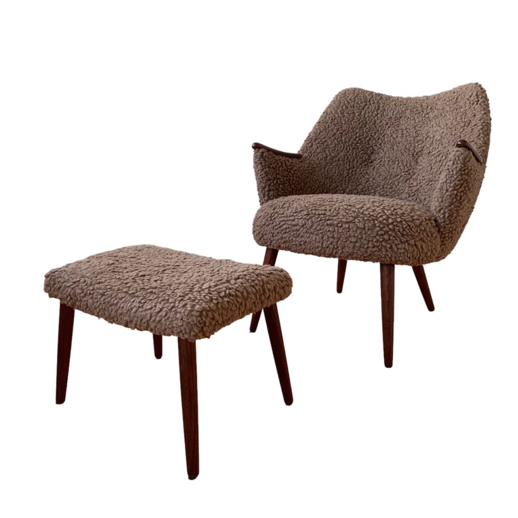 Mid-Century Danish Armchair with Matching Footstool in Lambswool