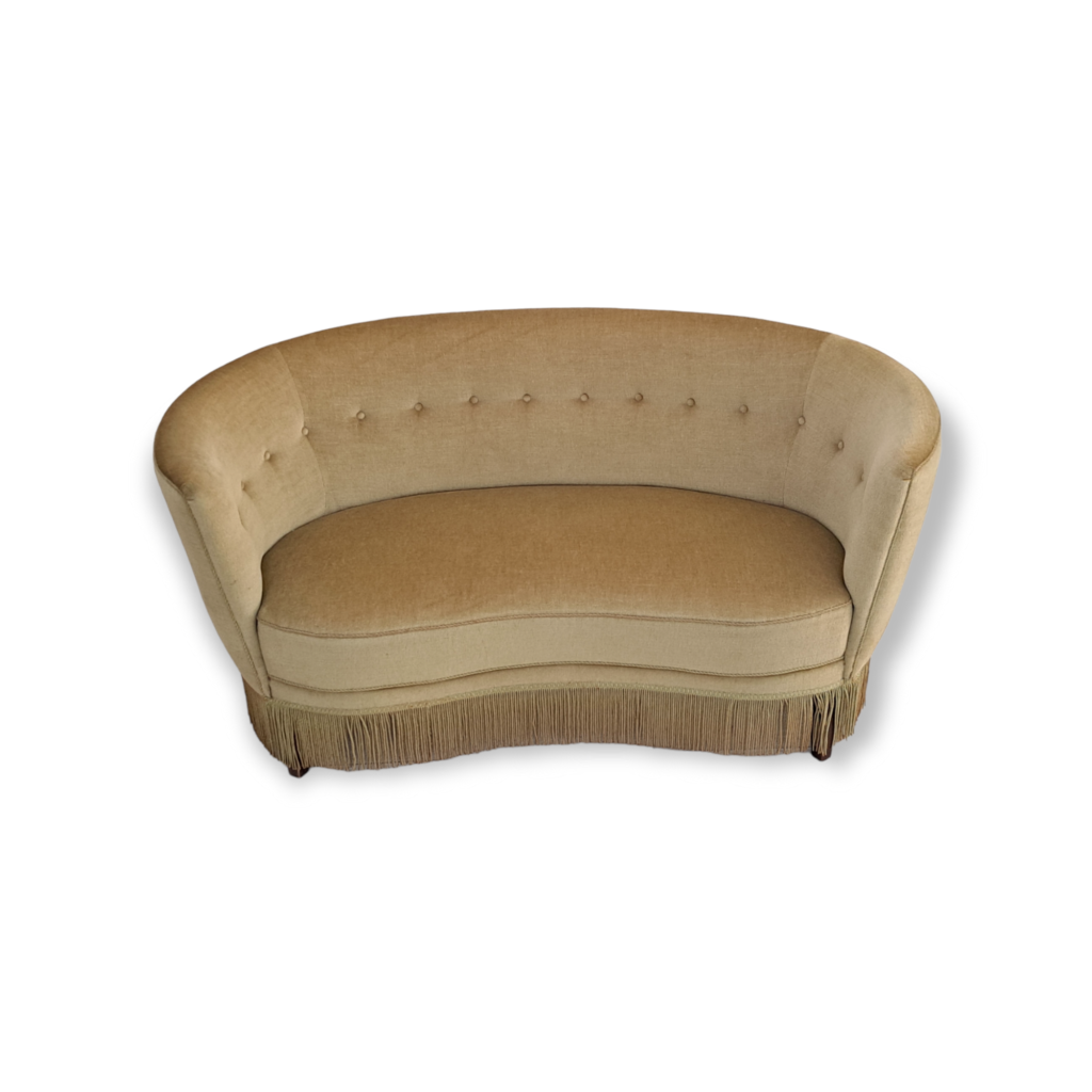 70s, Danish vintage 2 seater “Banana” sofa, velour, original condition