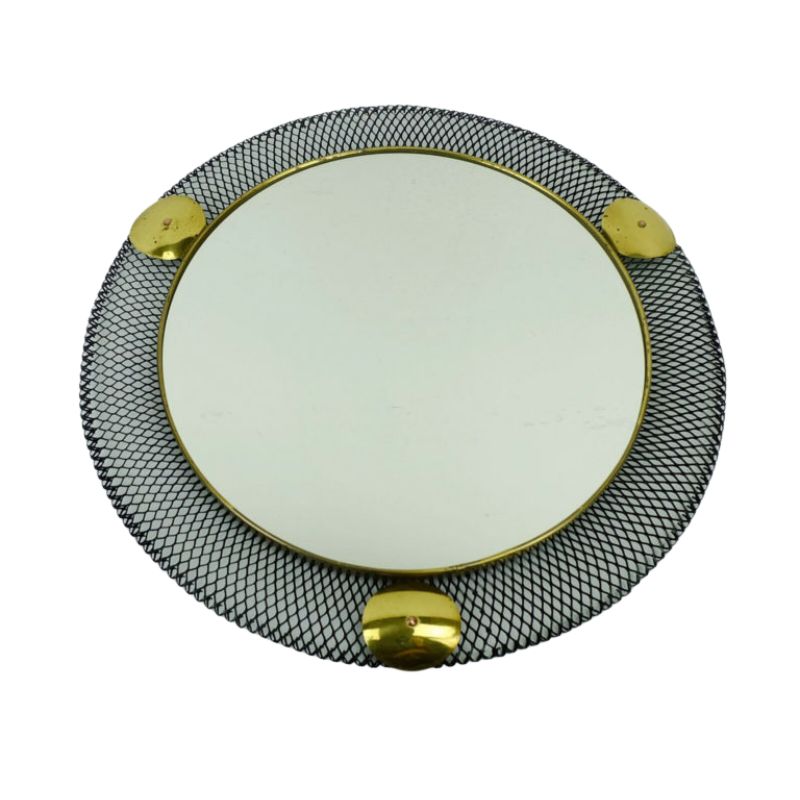 french 1950’s mid century WALL MIRROR with wire mesh frame and brass