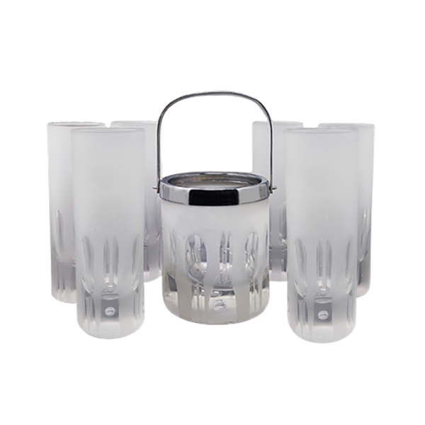 1960 Gorgeous Ice Bucket with 6 Glasses in Hand Cut Lead Crystal by Kristal. Made in Italy
