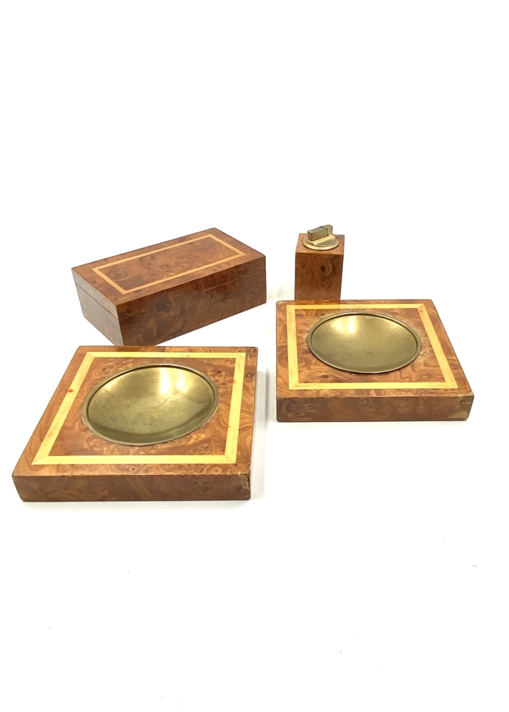 Smoking Set, brass and wood ashtrays, lighter and cigars box, Italy 1970
