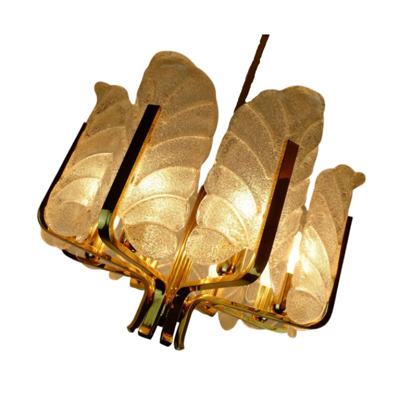 large mid century acanthus CHANDELIER brass 8 glass leaves 1970s