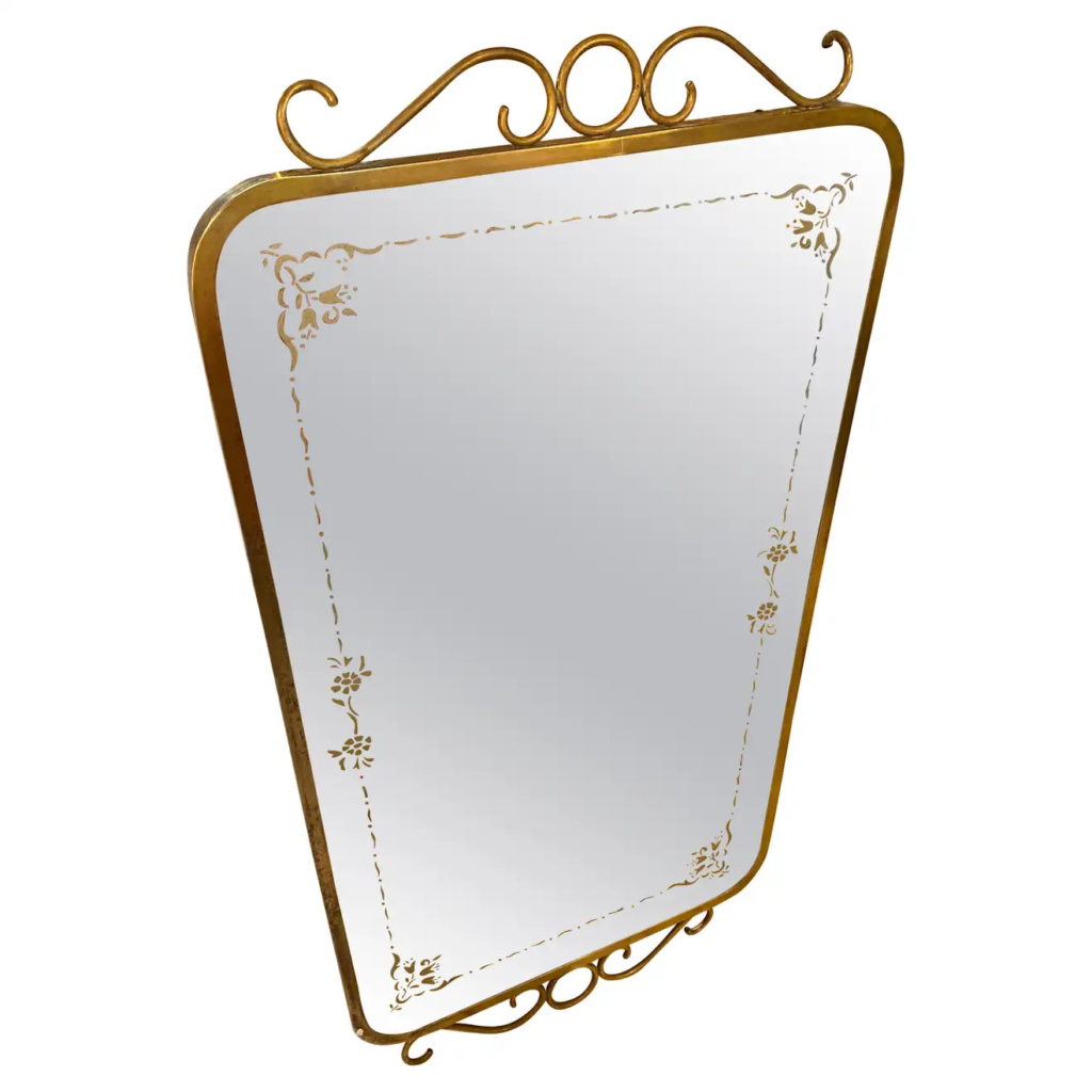 1950s, Giò Ponti Style Mid-Century Modern Brass and Etched Glass Wall Mirror
