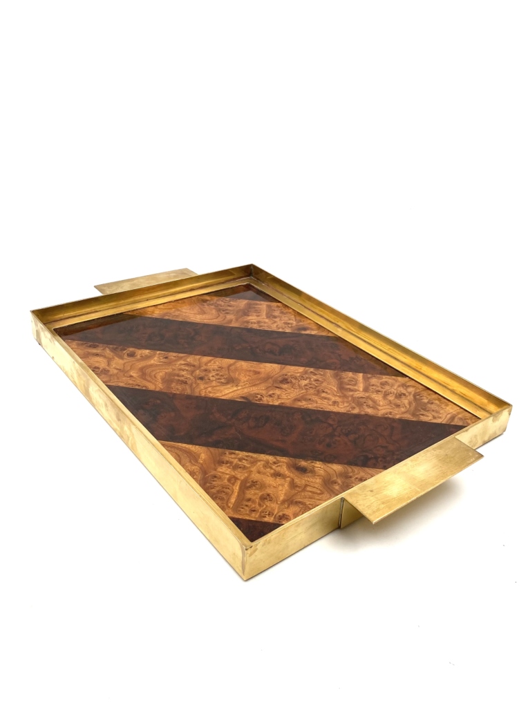 Hollywood regency brass and inlaid woods tray, Italy 1970s