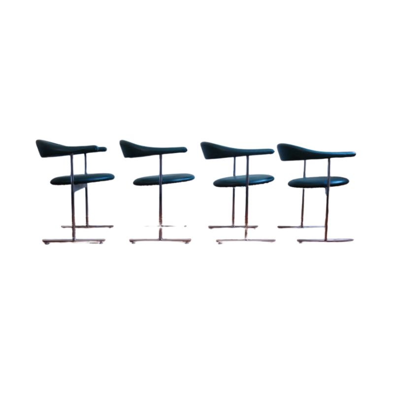 Set of 4 Steeltube Armchairs in petrol leatherette by Hans Kaufeld