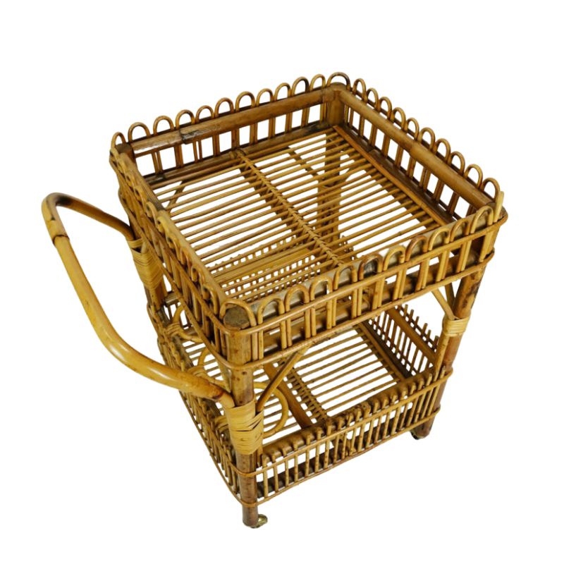 1960s mid century TROLLEY serving cart bamboo wicker tea cart