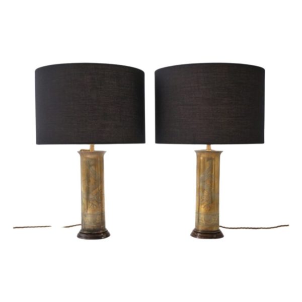 Trench Art shell case table lamps, a pair, brass, Chinoiserie, dragons, 1920`s ca, Japanese
