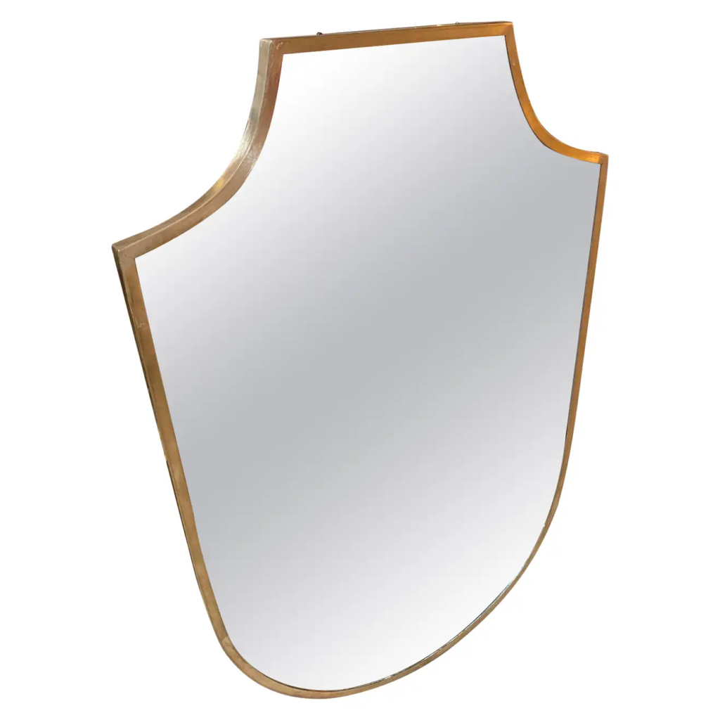 1950s Gio Ponti Style Mid-Century Modern Brass Italian Shield Wall Mirror