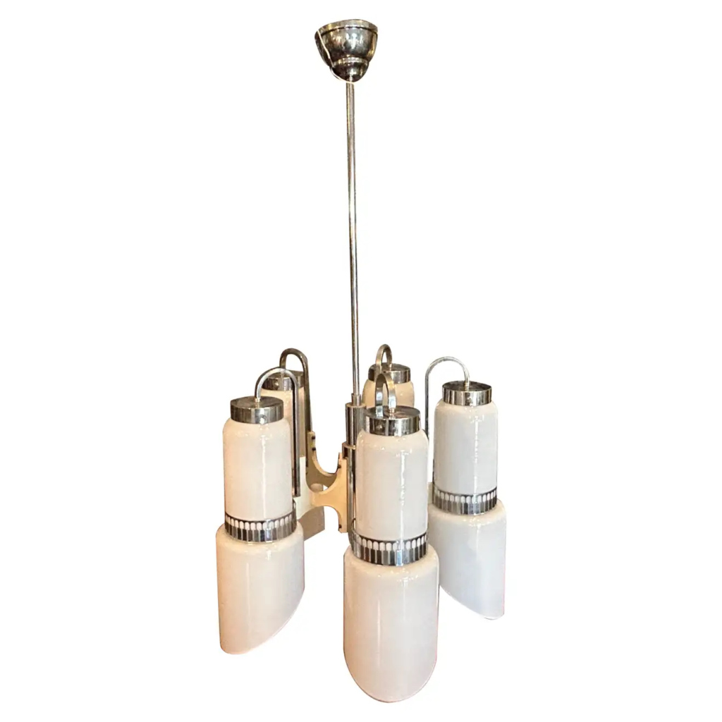 1970s Space Age White Glass Wood and Metal Chandelier by Gaetano Sciolari