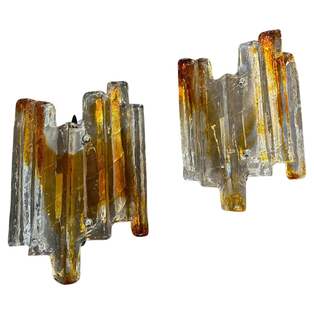1970s Pair of Brutalist Amber and Brown Murano Glass Wall Sconces by Mazzega