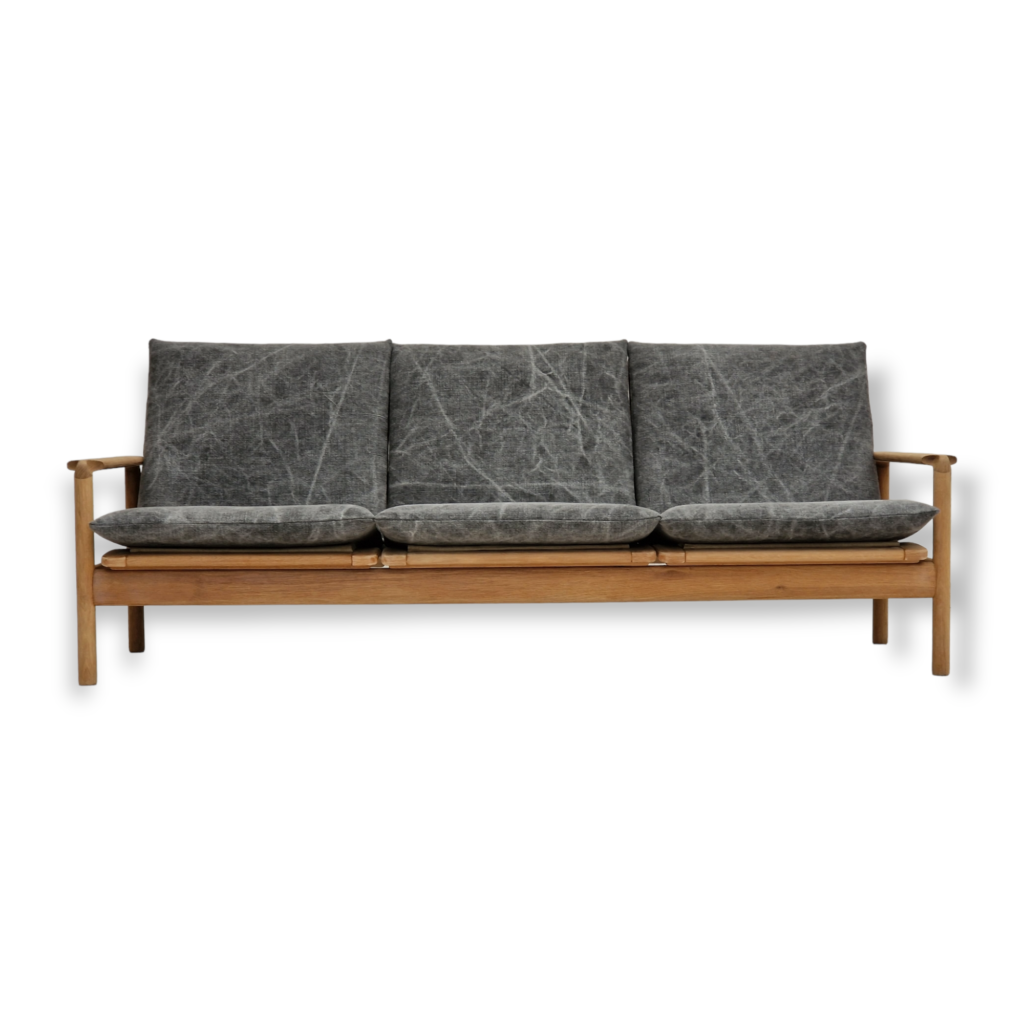 70s, Danish design, renovated 3 seater sofa, patinated linen furniture fabric, oak wood.
