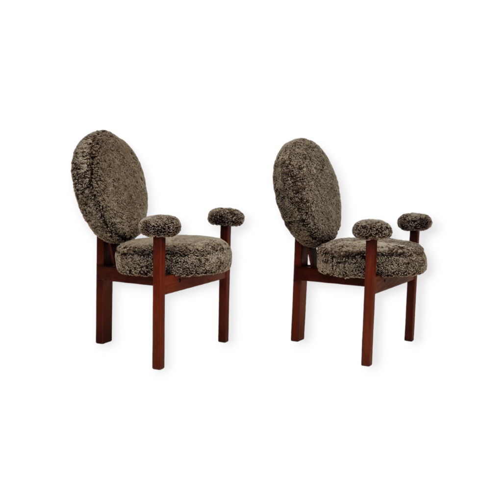 60s, Danish design by Bent Møller Jepsen, armchairs, model “Medalie”, sheepskin, teak wood.
