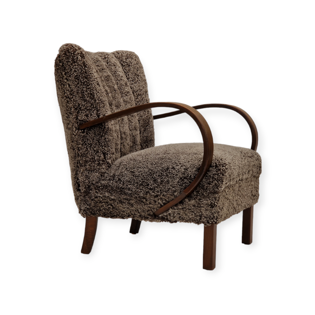60s, Scandinavian design, reupholstered art deco armchair, genuine sheepskin.