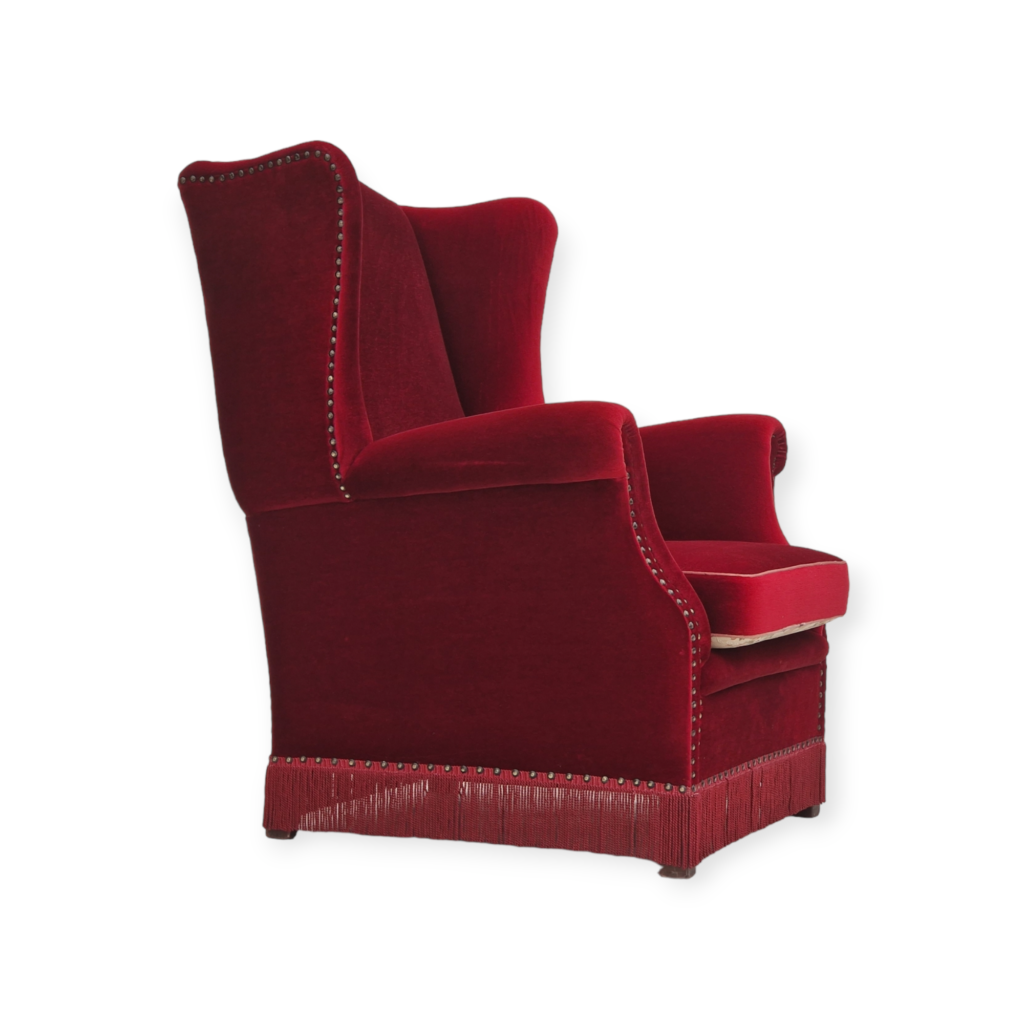 1960-70s, Danish design, wingback chair, dark red velour, original condition.