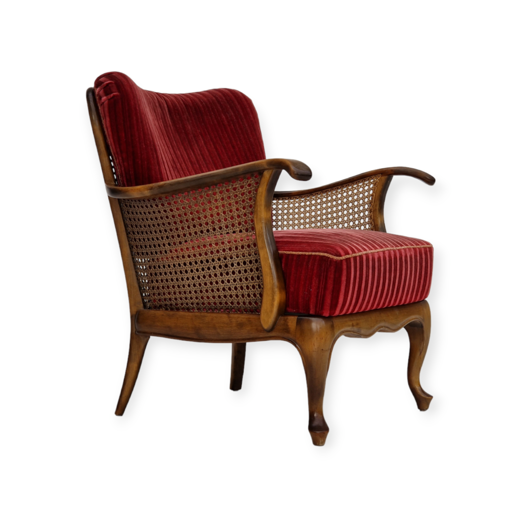1930s, Scandinavian design, armchair in cherry red velour, original very good condition.
