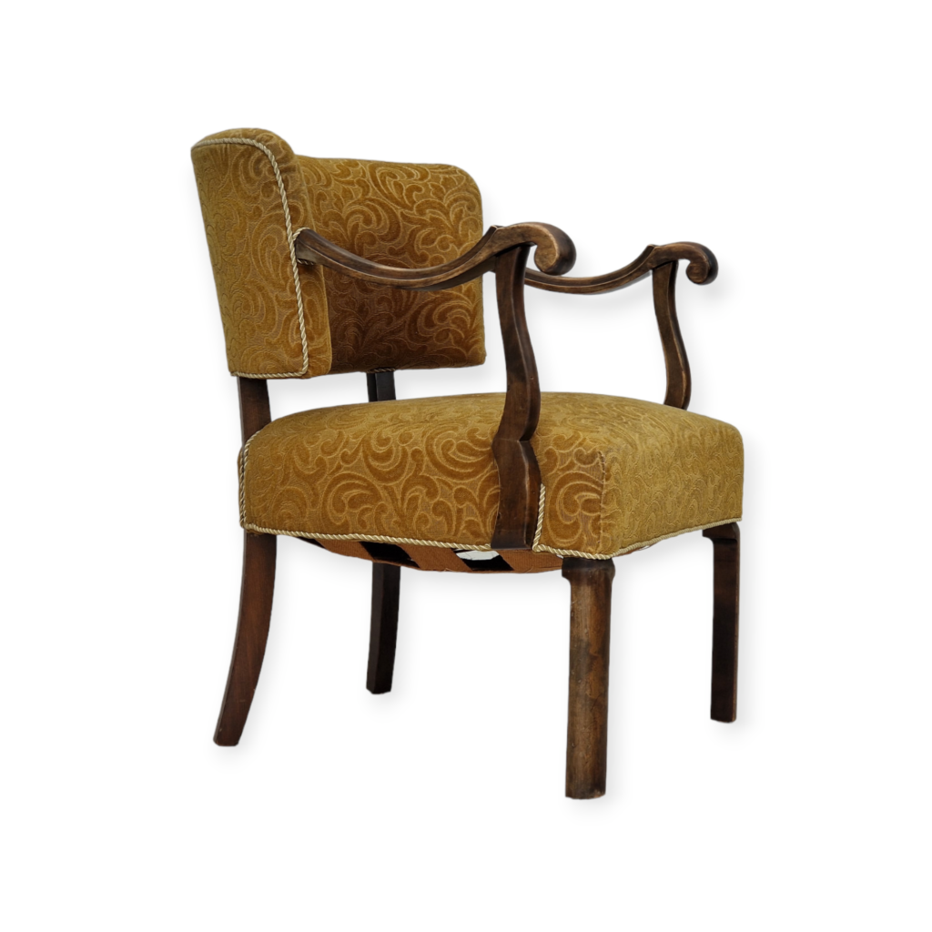 1930s, Scandinavian design, armchair in green furniture fabric, ash wood, original very good condition.