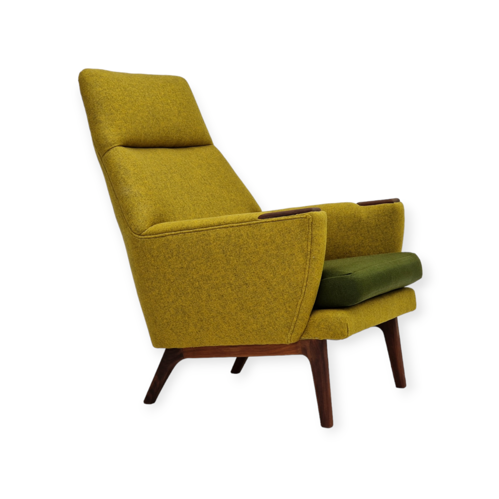 1970s, Danish design, renovated armchair, curry-yellow furniture wool fabric, teak wood.