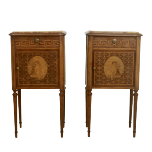 Pair of marquetry bedside tables with Breche d'Alep marble front decoration. Ref Toulouse.