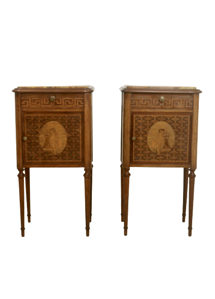 Pair of marquetry bedside tables with Breche d’Alep marble front decoration. Ref Toulouse.