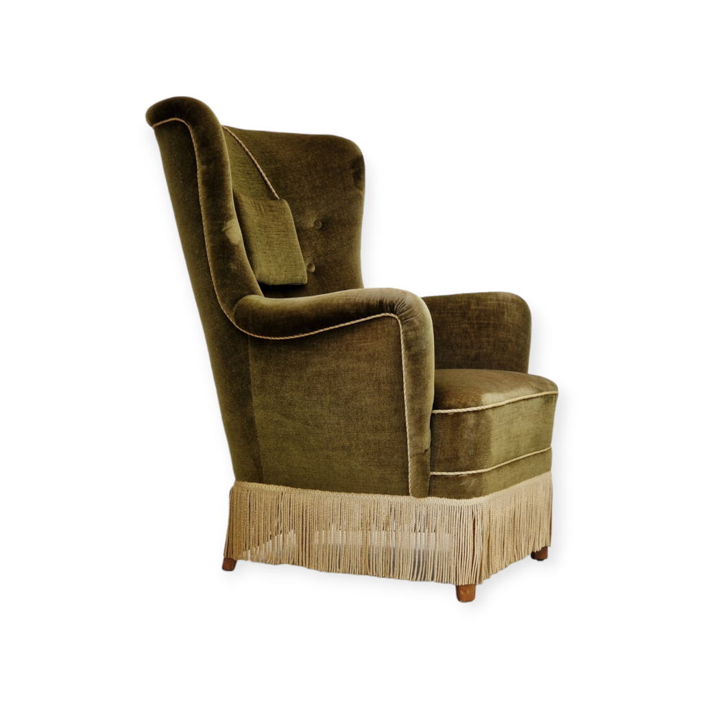 1960s, Danish vintage highback armchair in green velvet, original condition.
