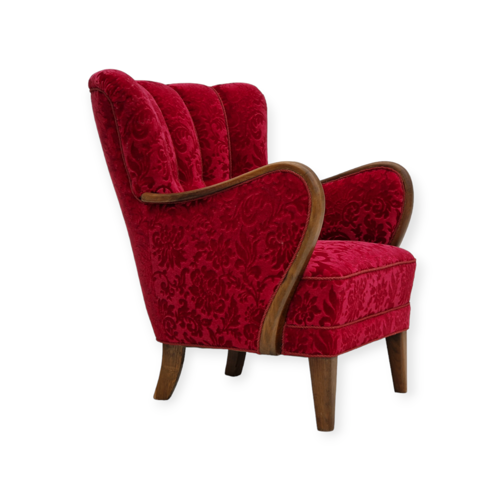 1960s, Danish design by Alfred Christensen, armchair in cherry red fabric, original condition.