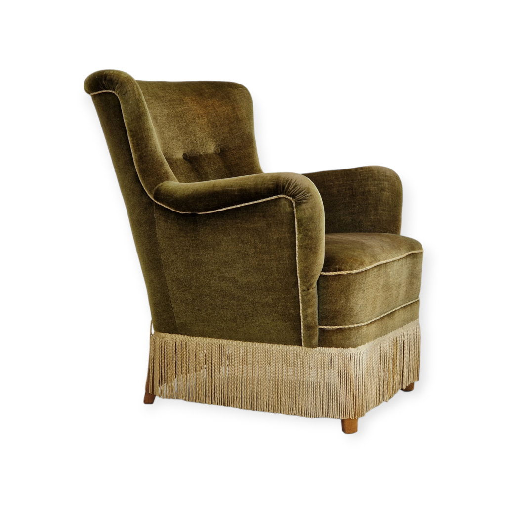 1960s, Danish vintage armchair in green velvet, original condition.