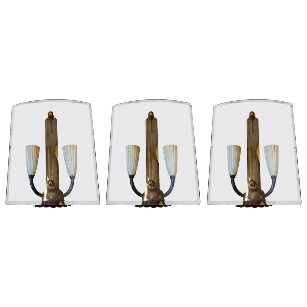 Three 1950s Pietro Chiesa Style Mid-Century Modern Brass and Glass Wall Sconces