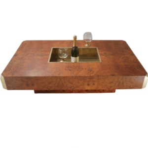 Willy Rizzo coffee table bar `Alveo` for Mario Sabot, burl walnut & brass, 1970`s ca, Italian