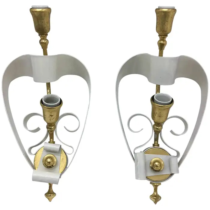 1950s Two Mid-Century Modern Italian Brass and White Painted Metal Wall Sconces