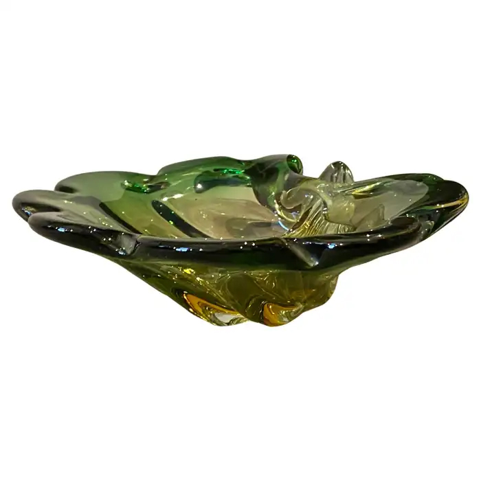 1970s Mid-Century Modern Green and Yellow Murano Glass Sea Shell Bowl by Seguso
