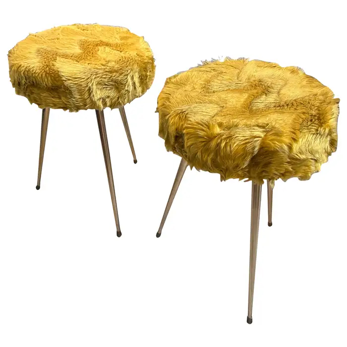 A 1960s Set of Two Mid-Century Modern Brass and Yellow Fabric Italian Low Stools