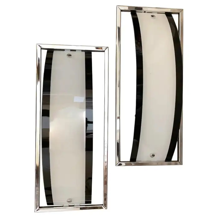 1980s Set of Two Modernist Black and White Glass and Chrome Italian Wall Sconces