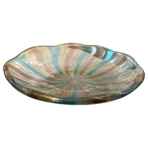 1970s Blue, Brown and Gold Striped Heavy Murano Glass Round Centerpiece