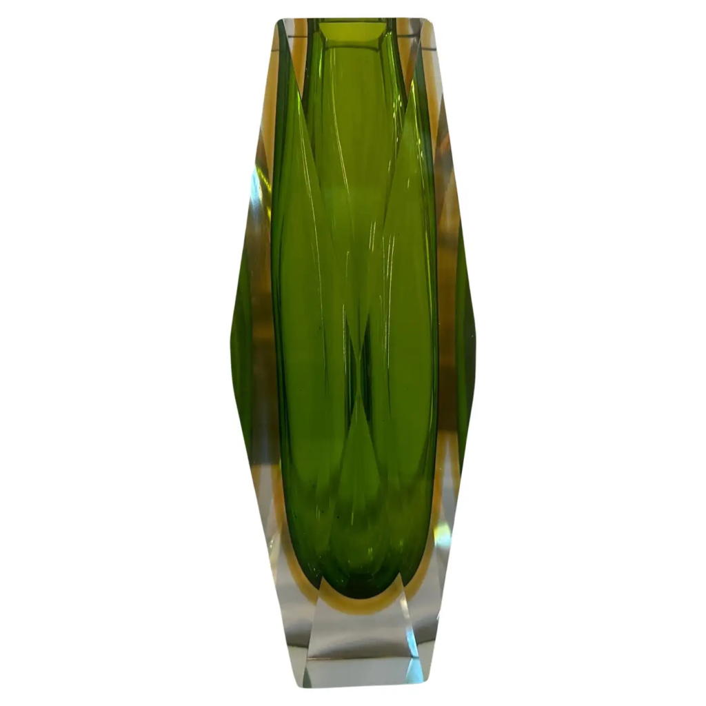 1960s Mid-Century Modern Green and Yellow Faceted Sommerso Murano Glass Vase