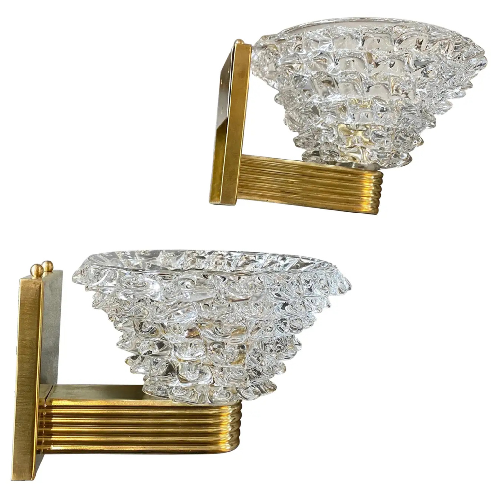 1980s Two Barovier Style Mid-Century Modern Rostrato Murano Glass Wall Sconces