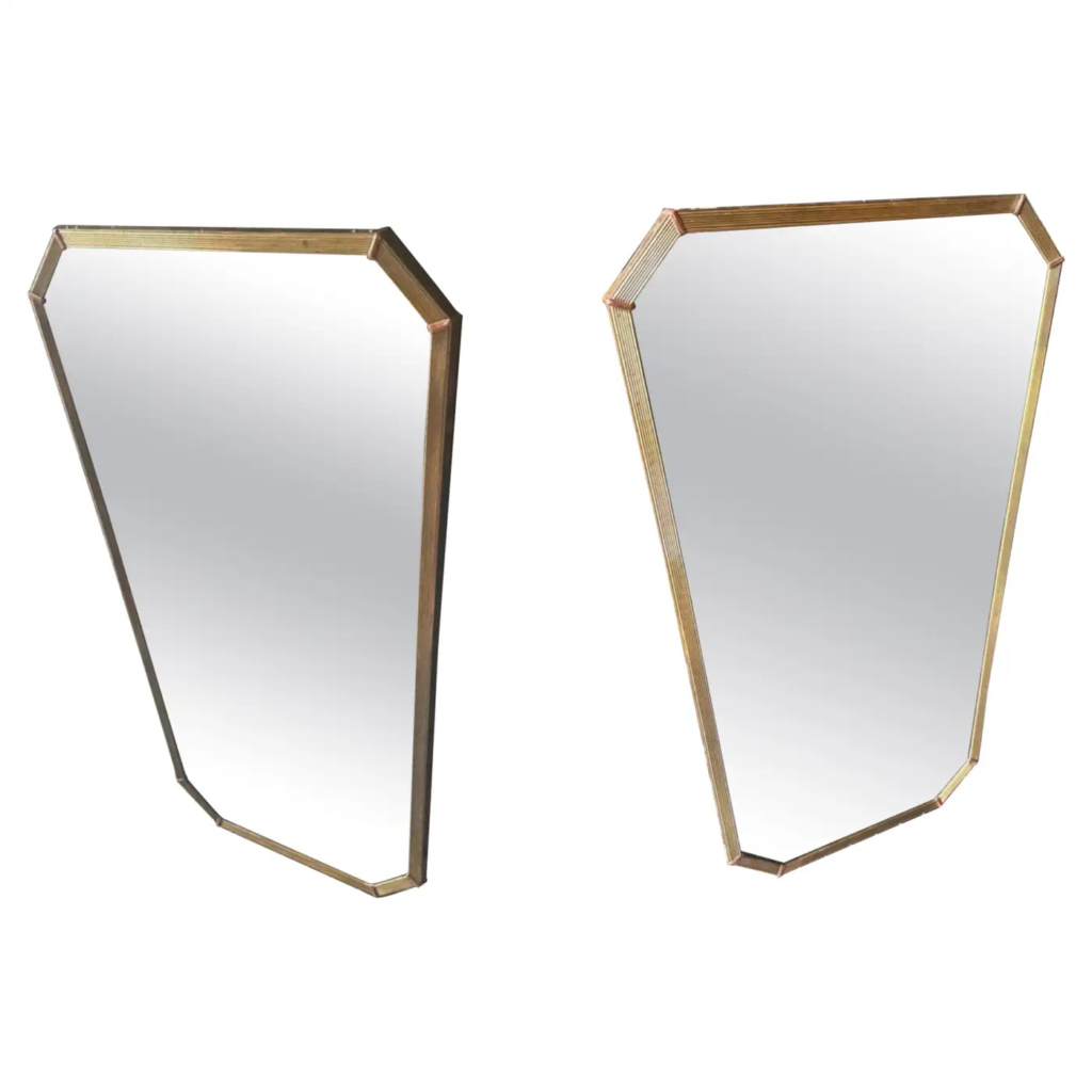 A Pair of 1950s Gio Ponti Style Mid-Century Modern Brass and Copper Wall Mirrors